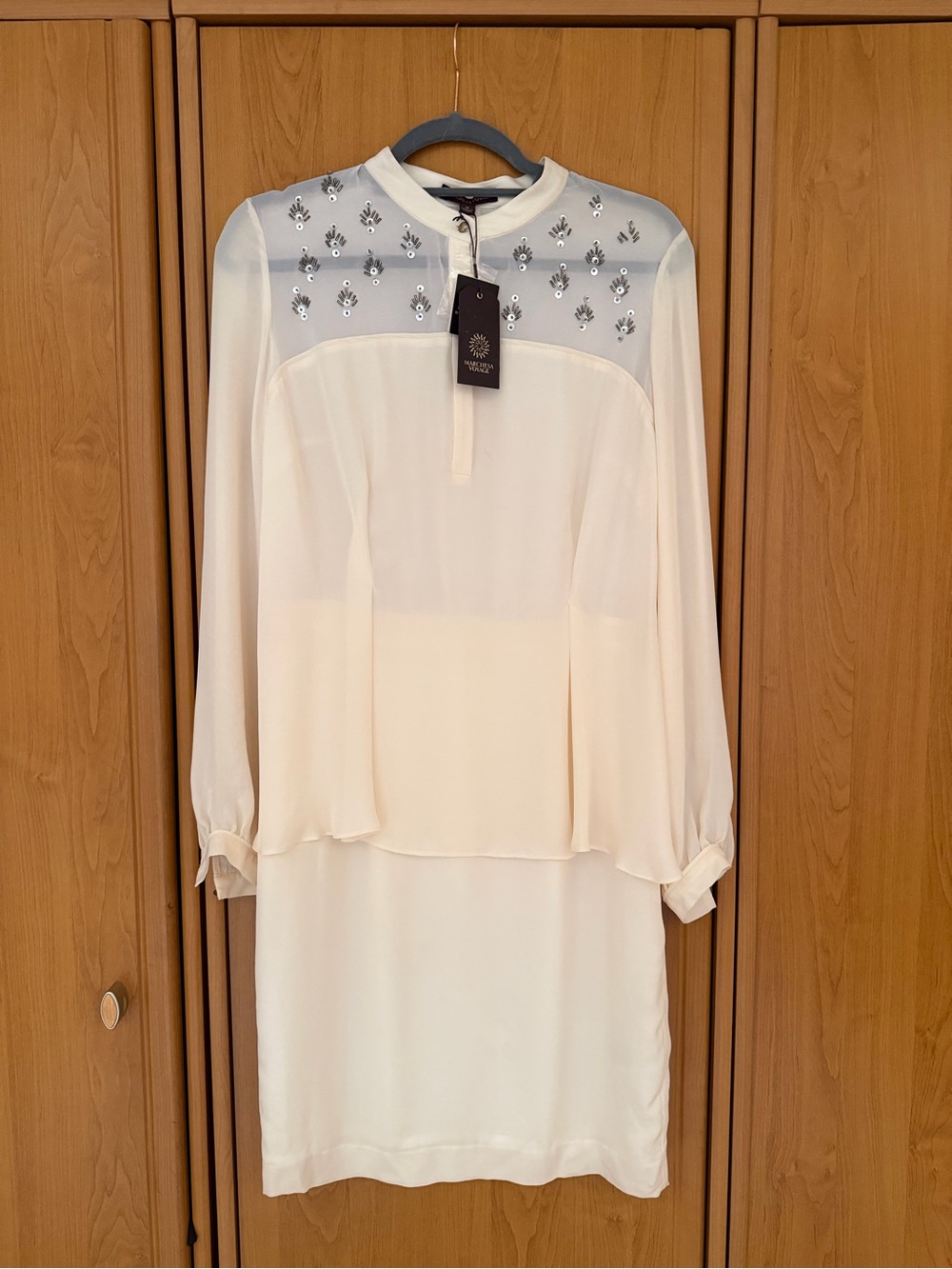 Marchesa Voyage 100% Silk Embellished Long Sleeve Dress Ivory Size 10 NWT